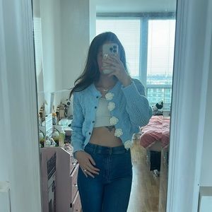 Urban Outfitters Blue Cardigan with White Floral Details